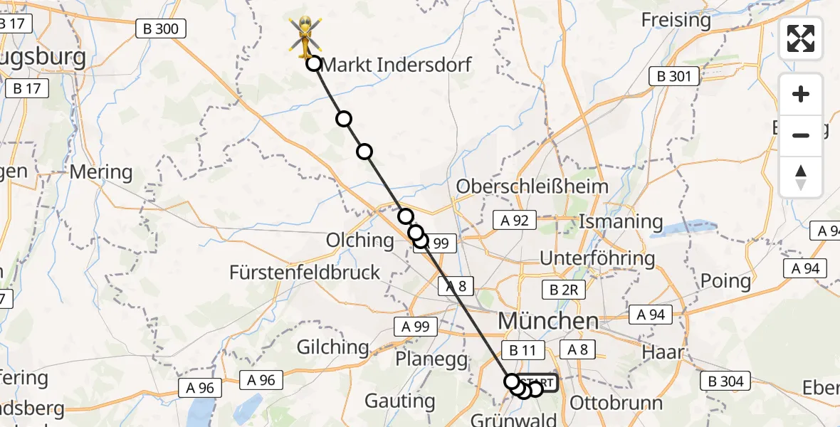 Flugroute Rettungshubschrauber ADAC Air Rescue Center Hubschrauberlandeplatz (Christoph 1) - Altomünster, 10 Mai 2026, 16:18