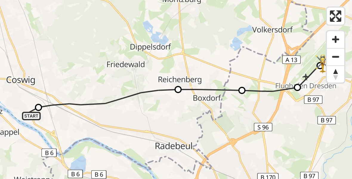 Flugroute Rettungshubschrauber Coswig - Dresden Bundespolizei Hubschrauberlandeplatz, 10 Mai 2026, 16:21
