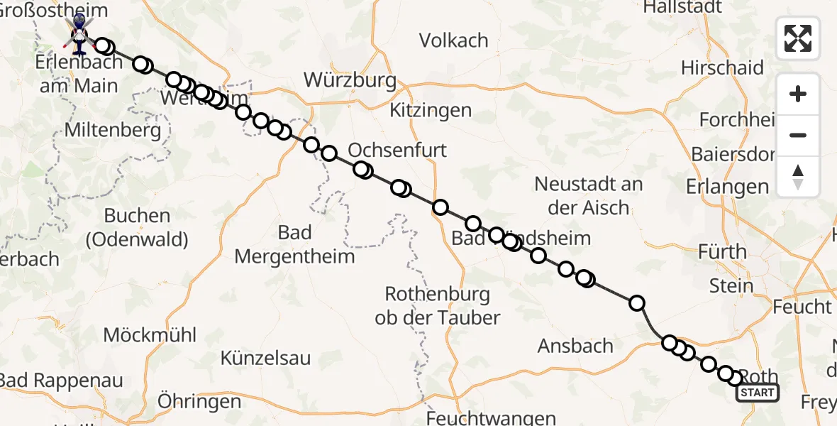 Flugroute Polizeihubschrauber Roth - Großwallstadt, 10 Mai 2026, 16:23