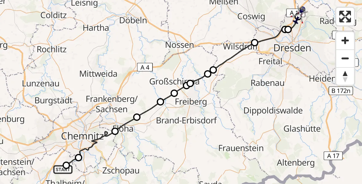 Flugroute Polizeihubschrauber Jahnsdorf/Erzgeb. - Dresden Flughafen, 10 Mai 2026, 16:23