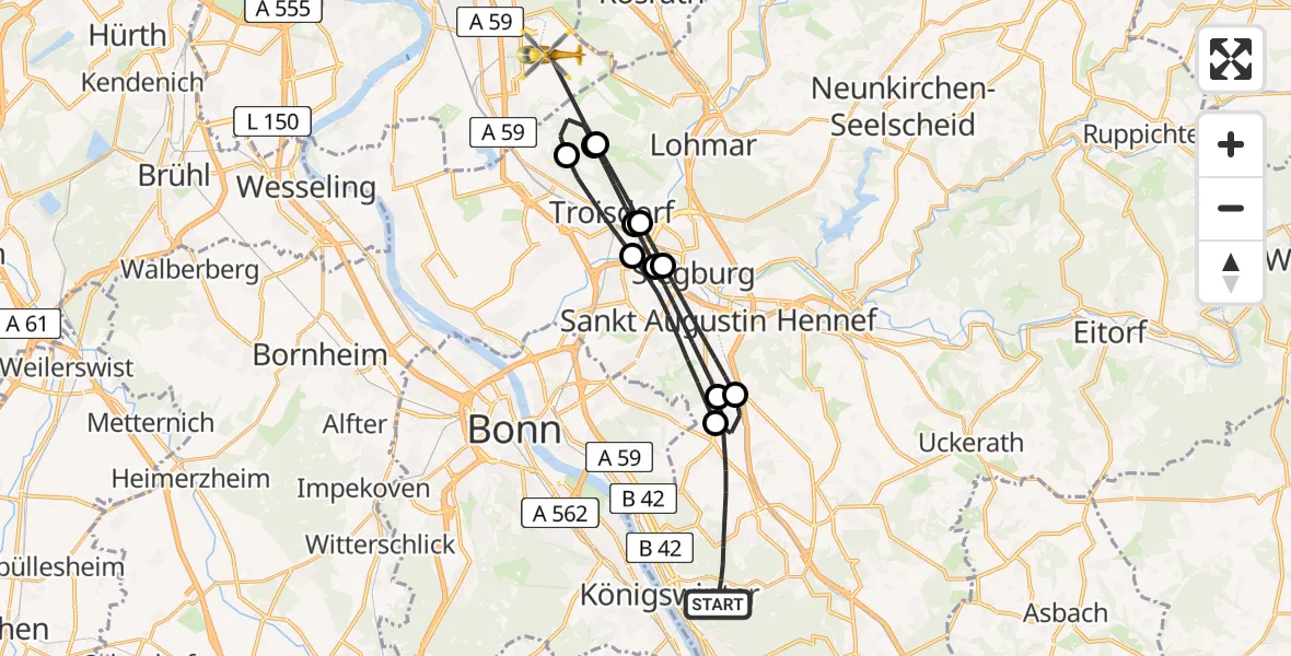 Flugroute Ambulanzhubschrauber Königswinter - Köln Bonn Flughafen, 10 Mai 2026, 16:27