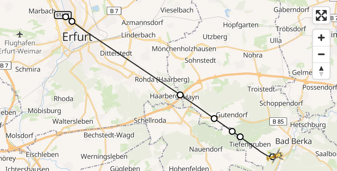 Flugroute Ambulanzhubschrauber Helios Clinic Erfurt - DRF Rettungsstation Bad Berka Hubschrauberlandeplatz, 10 Mai 2026, 16:27