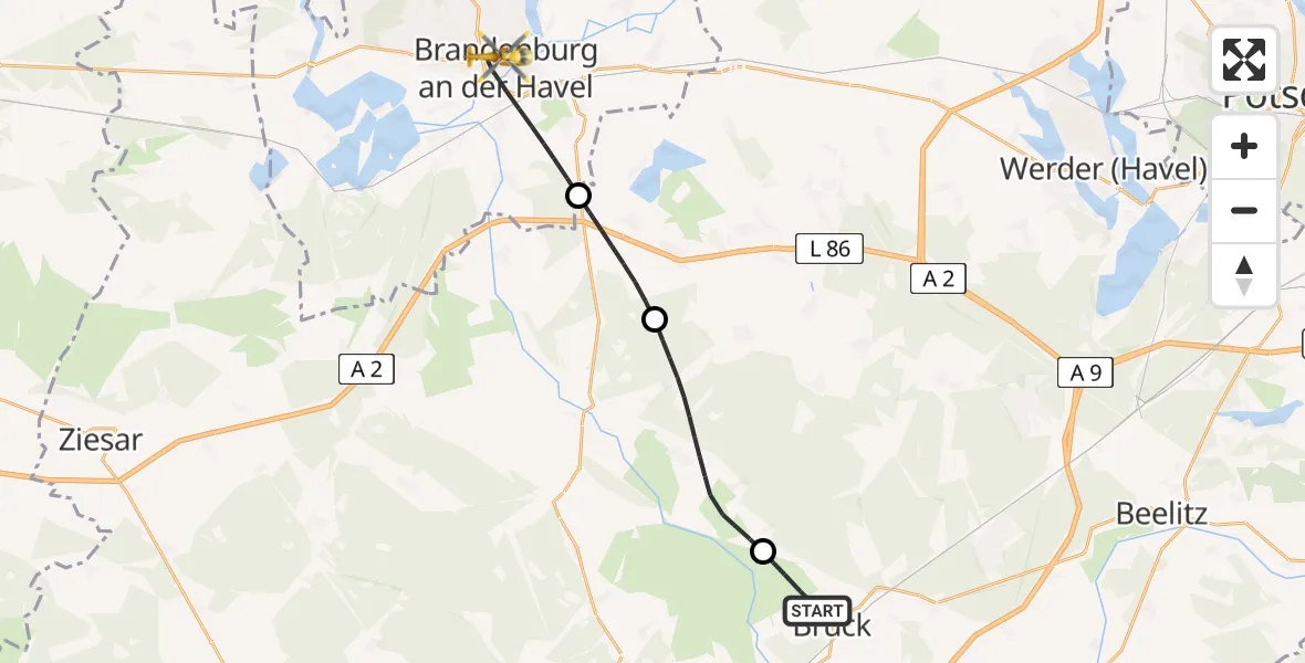 Flugroute Rettungshubschrauber Brück - Brandenburg an der Havel, 10 Mai 2026, 16:33