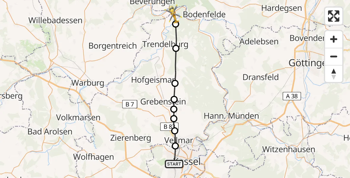 Flugroute Rettungshubschrauber Kassel - Bad Karlshafen, 10 Mai 2026, 16:34
