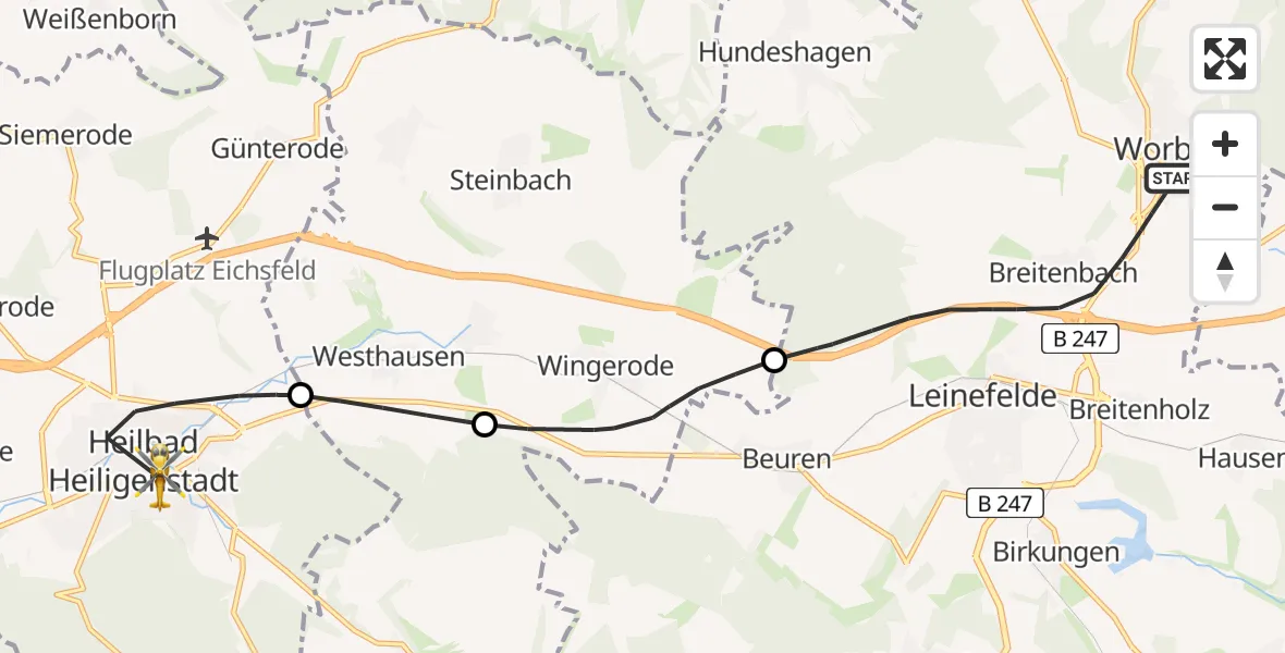 Flugroute Rettungshubschrauber Leinefelde-Worbis - Heilbad Heiligenstadt, 10 Mai 2026, 16:35