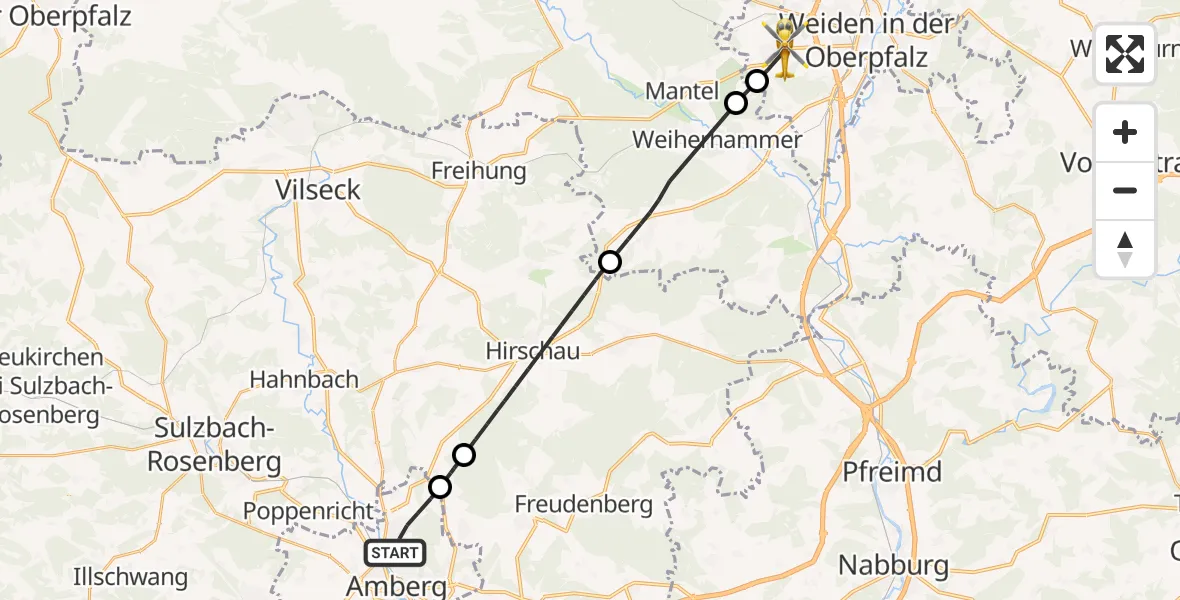 Flugroute Rettungshubschrauber Amberg - Weiden i.d.OPf., 10 Mai 2026, 16:36
