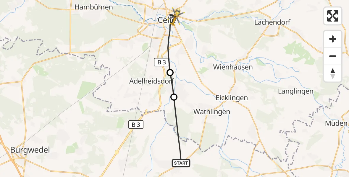 Flugroute Rettungshubschrauber Uetze - Celle, 10 Mai 2026, 16:45