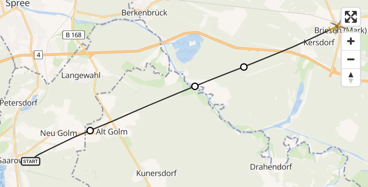 Flugroute Rettungshubschrauber Bad Saarow - Briesen (Mark), 10 Mai 2026, 16:49