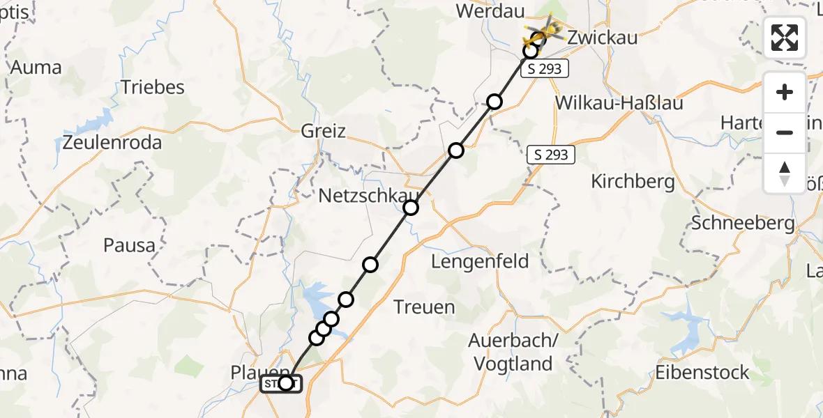 Flugroute Rettungshubschrauber Helios Clinic Plauen - ADAC Air Rescue Station Zwickau Hubschrauberlandeplatz, 10 Mai 2026, 16:49