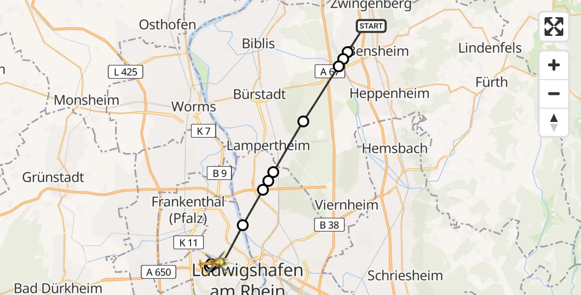 Flugroute Rettungshubschrauber Bensheim - Ludwigshafen Accident Hospital, 10 Mai 2026, 16:51