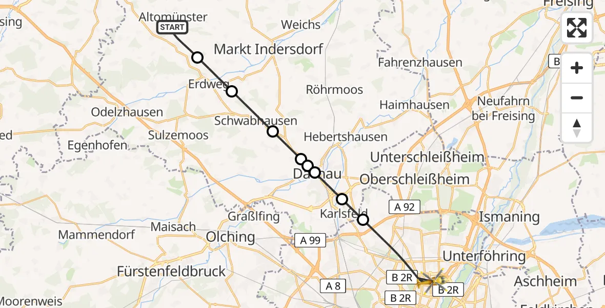 Flugroute Rettungshubschrauber Altomünster - München, 10 Mai 2026, 16:54