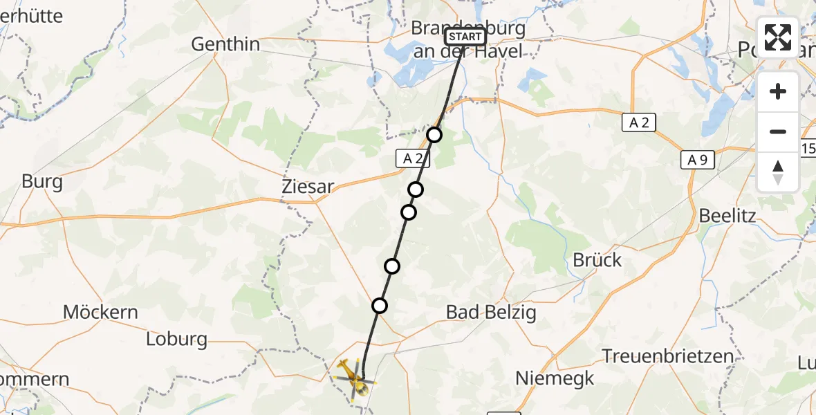 Flugroute Rettungshubschrauber Brandenburg an der Havel - Wiesenburg/Mark, 10 Mai 2026, 16:56