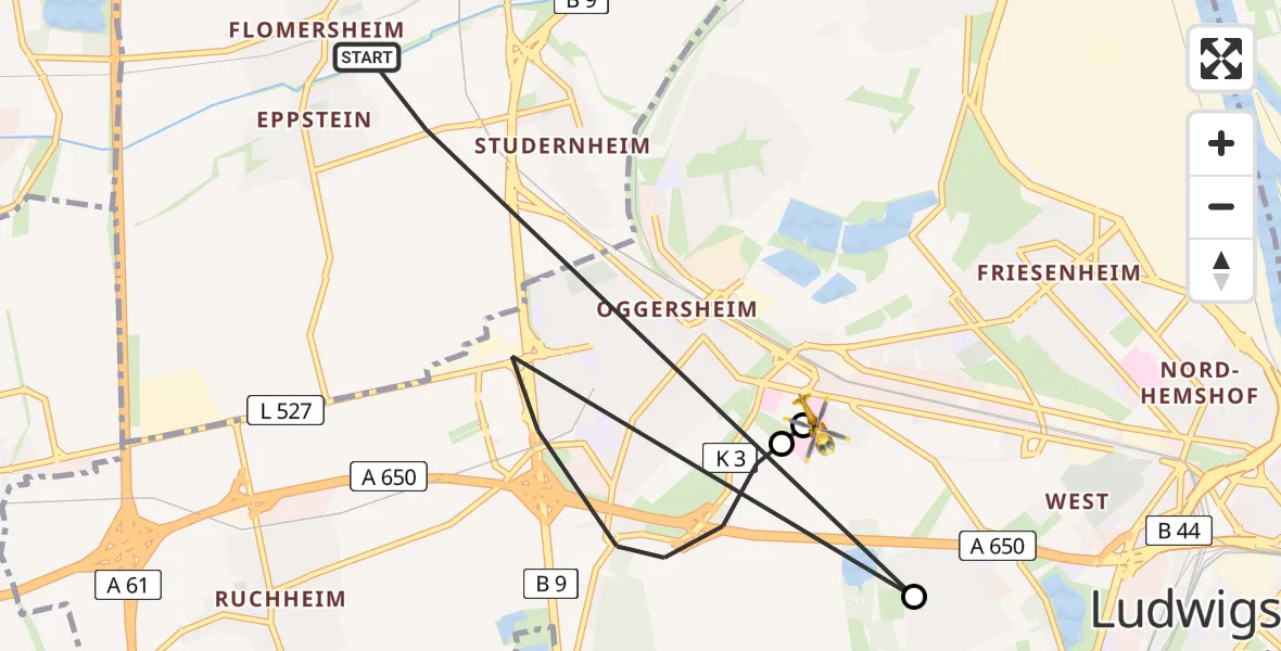 Flugroute Rettungshubschrauber Frankenthal (Pfalz) - Ludwigshafen Accident Hospital, 10 Mai 2026, 16:58