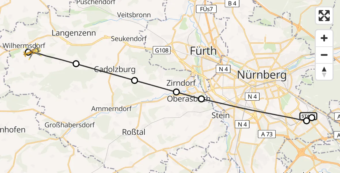 Flugroute Ambulanzhubschrauber Nürnberg South Hospital - Wilhermsdorf, 10 Mai 2026, 16:59