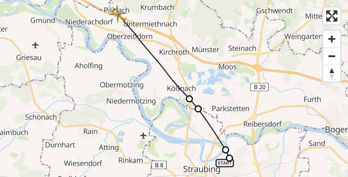 Flugroute Rettungshubschrauber Sankt Elisabeth Hospital Straubing - Kirchroth, 10 Mai 2026, 17:01