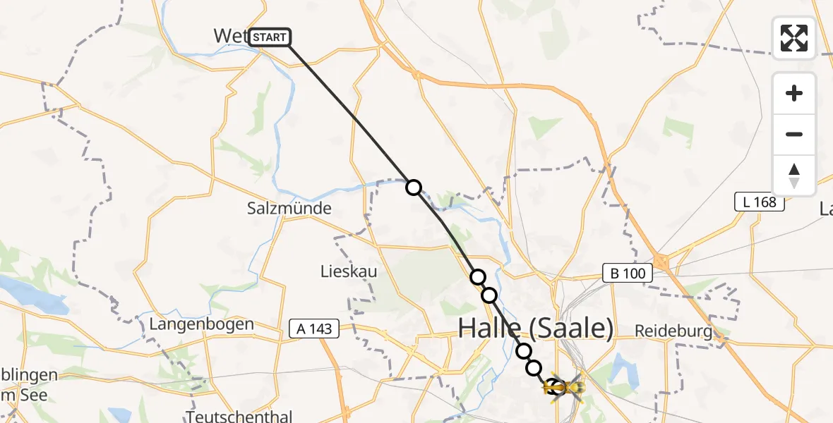 Flugroute Rettungshubschrauber Wettin-Löbejün - BG Hospital Bergmannstrost Halle, 10 Mai 2026, 17:02