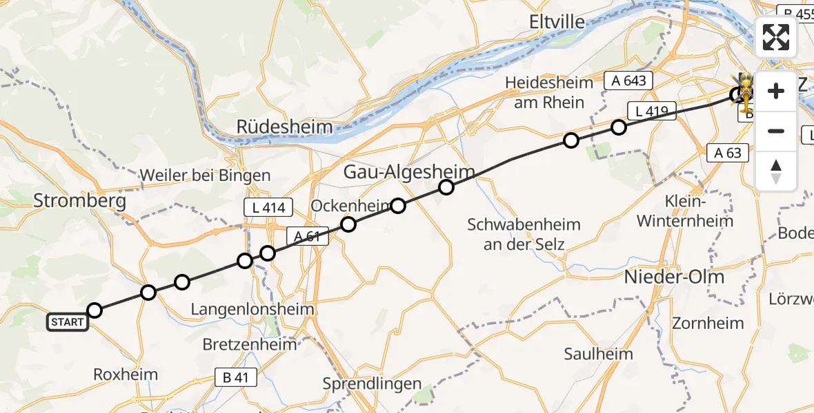 Flugroute Rettungshubschrauber Wallhausen - Mainz University Hospital, 10 Mai 2026, 17:07