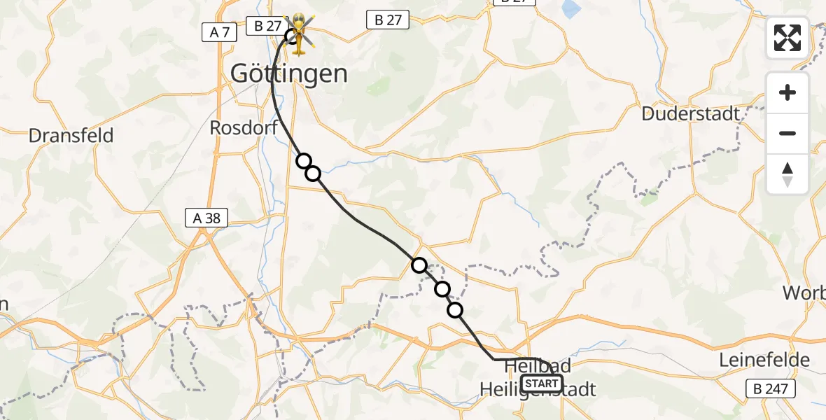 Flugroute Rettungshubschrauber Heilbad Heiligenstadt - Göttingen University Clinic Hubschrauberlandeplatz, 10 Mai 2026, 17:09