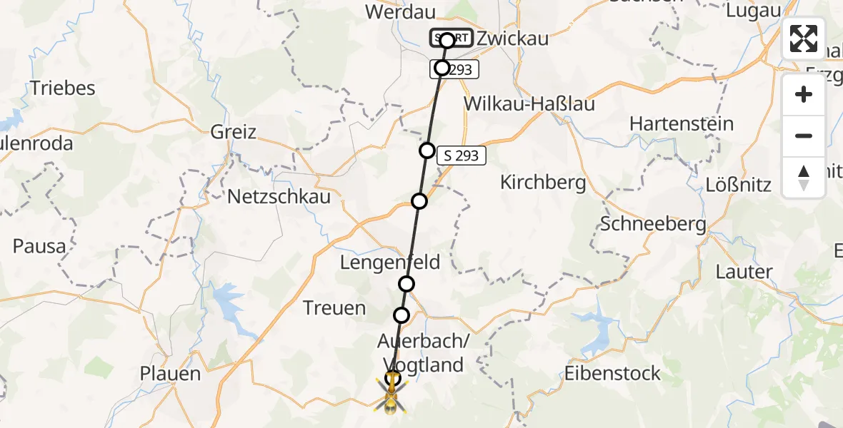 Flugroute Rettungshubschrauber ADAC Air Rescue Station Zwickau Hubschrauberlandeplatz - Falkenstein/Vogtl., 10 Mai 2026, 17:16