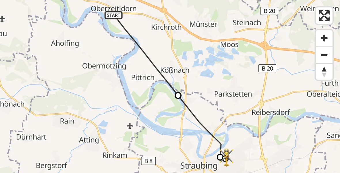 Flugroute Rettungshubschrauber Kirchroth - Sankt Elisabeth Hospital Straubing, 10 Mai 2026, 17:22