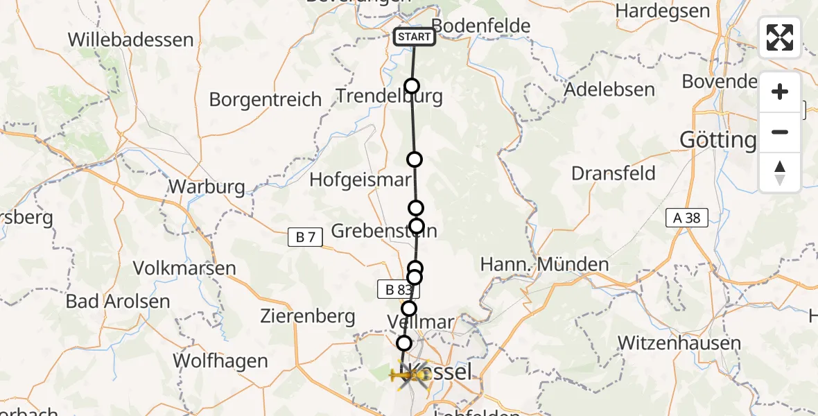 Flugroute Rettungshubschrauber Bad Karlshafen - Kassel, 10 Mai 2026, 17:26
