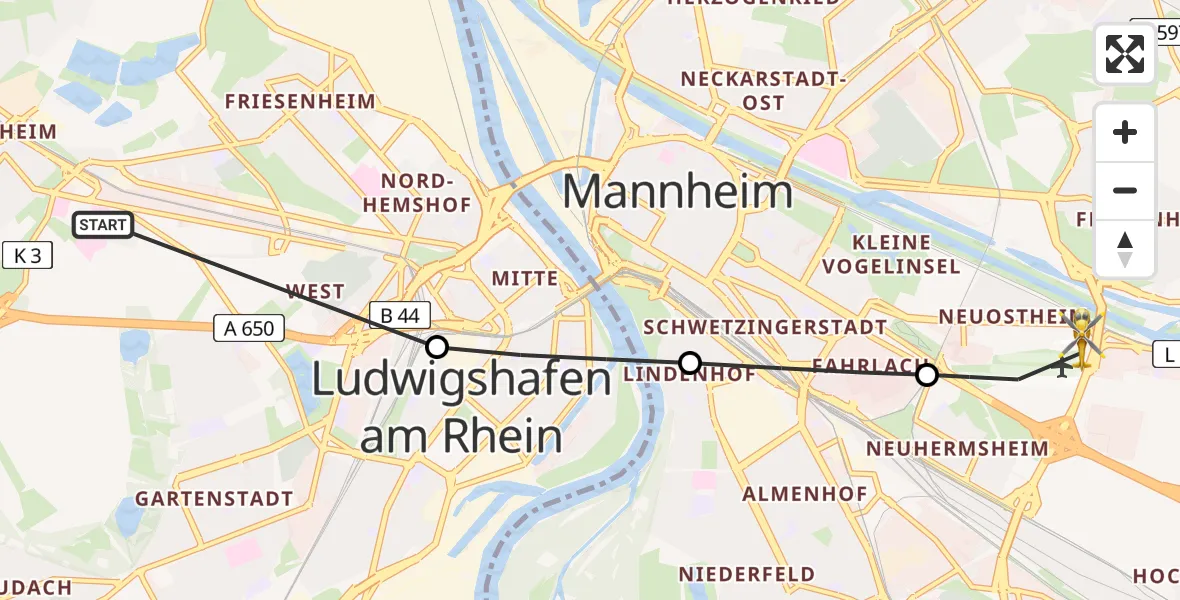 Flugroute Rettungshubschrauber Ludwigshafen Accident Hospital - Mannheim-City Flughafen, 10 Mai 2026, 17:27