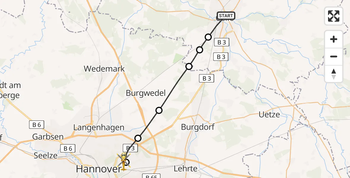 Flugroute Rettungshubschrauber Celle - Hannover Luftrettung Hubschrauberlandeplatz (Christoph 4), 10 Mai 2026, 17:27
