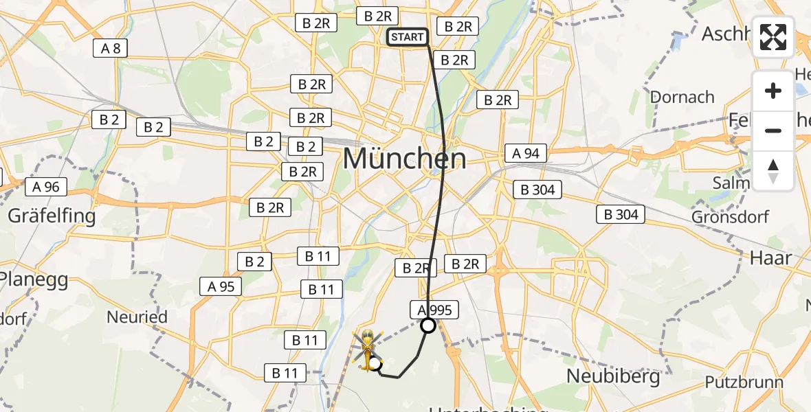 Flugroute Rettungshubschrauber München - ADAC Air Rescue Center Hubschrauberlandeplatz (Christoph 1), 10 Mai 2026, 17:31