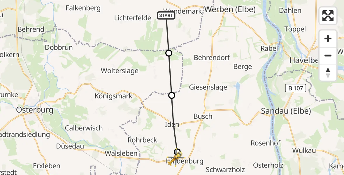 Flugroute Rettungshubschrauber Altmärkische Wische - Hohenberg-Krusemark, 10 Mai 2026, 17:34