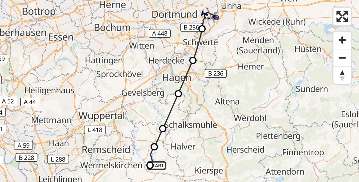 Flugroute Polizeihubschrauber Wipperfürth - Dortmund Flughafen, 10 Mai 2026, 17:37