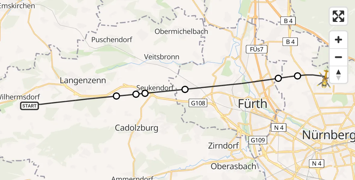 Flugroute Ambulanzhubschrauber Langenzenn - Flughafen Nuremberg, 10 Mai 2026, 17:38