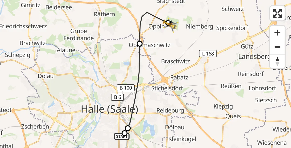 Flugroute Rettungshubschrauber BG Hospital Bergmannstrost Halle - Halle-Oppin Flugplatz, 10 Mai 2026, 17:38