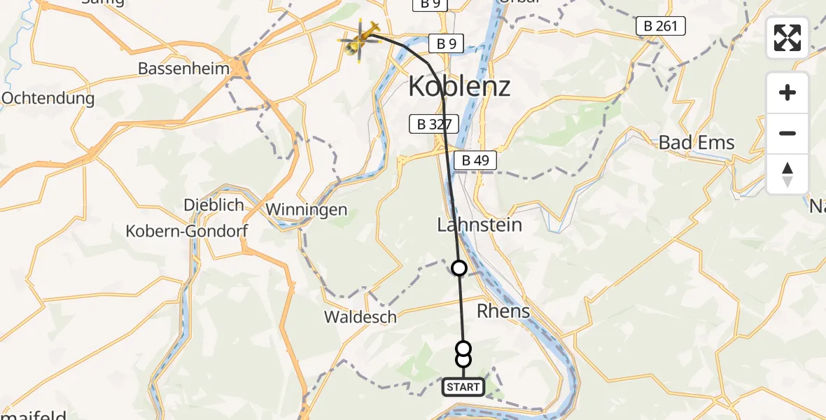 Flugroute Rettungshubschrauber Jakobsberg Hubschrauberlandeplatz - Koblenz, 10 Mai 2026, 17:45