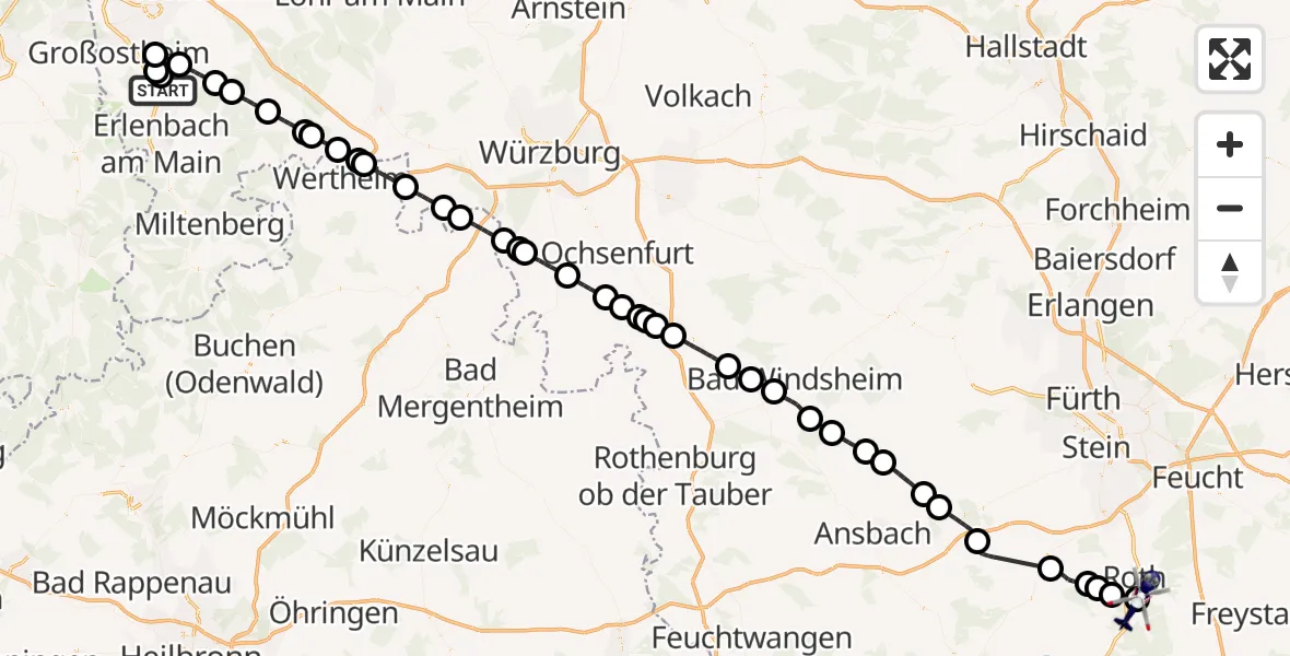 Flugroute Polizeihubschrauber Kleinwallstadt - Flugplatz Roth, 10 Mai 2026, 17:49