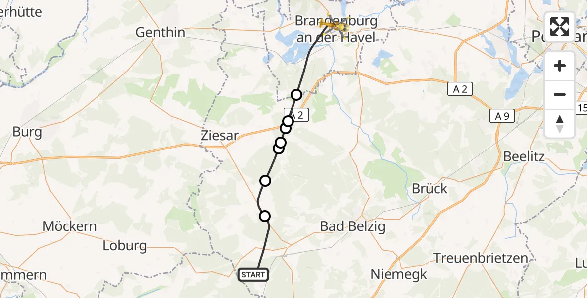Flugroute Rettungshubschrauber Wiesenburg/Mark - Brandenburg an der Havel, 10 Mai 2026, 17:55