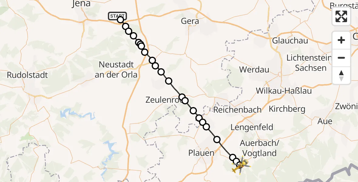 Flugroute Rettungshubschrauber Ruttersdorf-Lotschen - Neustadt/Vogtl., 10 Mai 2026, 17:59