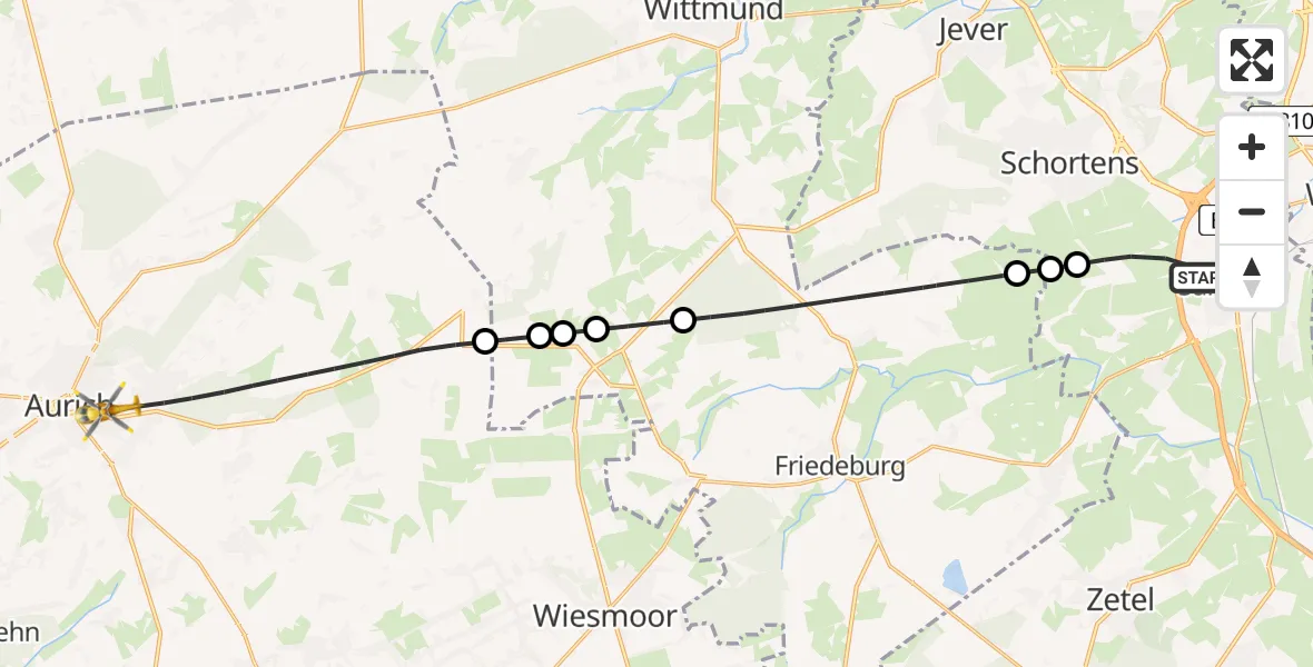 Flugroute Rettungshubschrauber Sande - Aurich, 10 Mai 2026, 18:08