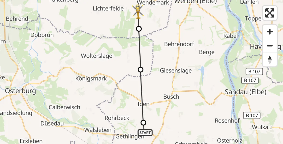 Flugroute Rettungshubschrauber Hohenberg-Krusemark - Altmärkische Wische, 10 Mai 2026, 18:11