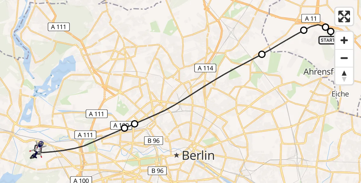 Flugroute Polizeihubschrauber Ahrensfelde Hubschrauberlandeplatz - Berlin, 10 Mai 2026, 18:15