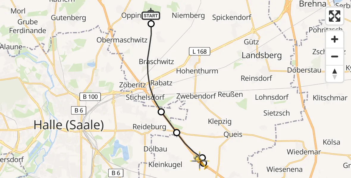Flugroute Rettungshubschrauber Halle-Oppin Flugplatz - Kabelsketal, 10 Mai 2026, 18:18