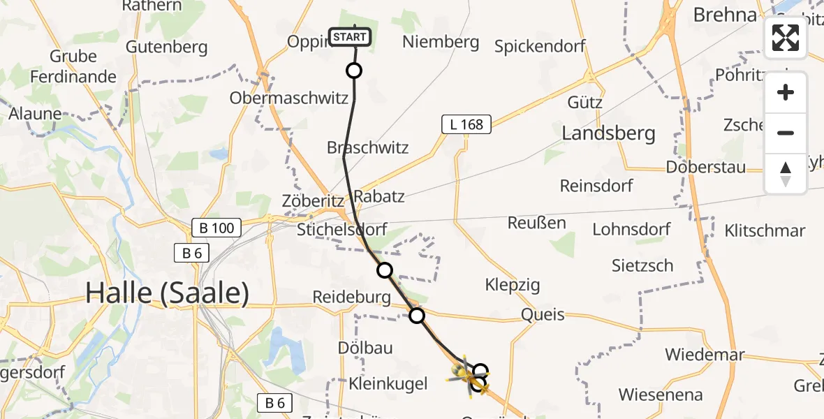Flugroute Rettungshubschrauber Halle-Oppin Flugplatz - Kabelsketal, 10 Mai 2026, 18:17