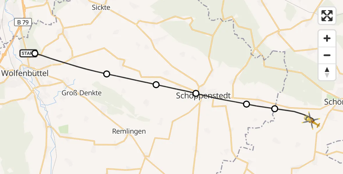 Flugroute Rettungshubschrauber Wolfenbüttel Municipal Hospital Heliport (Christoph 30) - Söllingen, 10 Mai 2026, 18:26