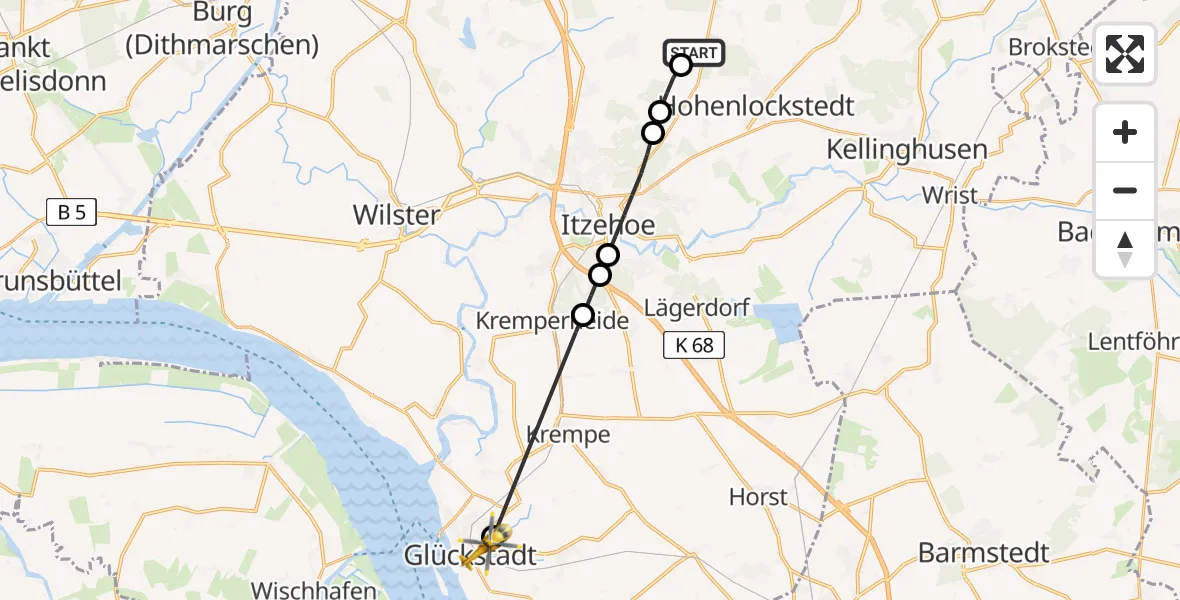 Flugroute Rettungshubschrauber Itzehoe Hungriger Wolf Flugplatz - Glückstadt, 10 Mai 2026, 18:31