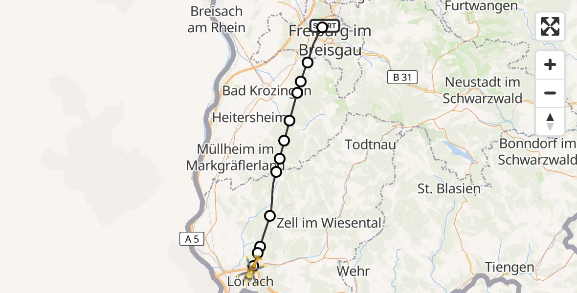 Flugroute Rettungshubschrauber Freiburg im Breisgau Flugplatz - Lörrach, 10 Mai 2026, 18:39