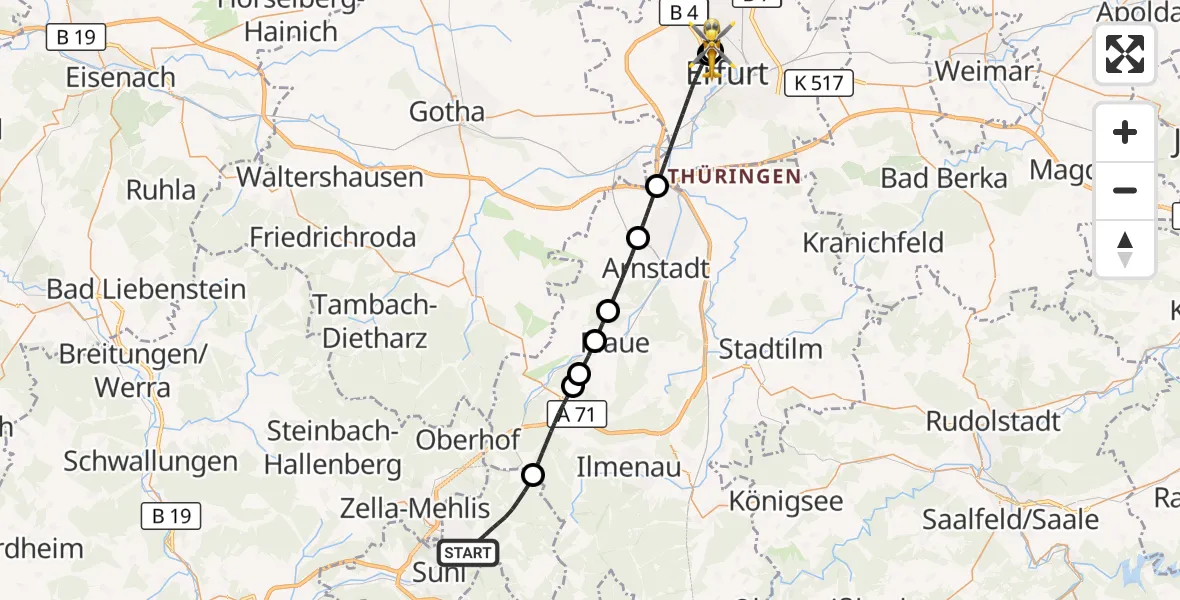 Flugroute Ambulanzhubschrauber Suhl - Helios Clinic Erfurt, 10 Mai 2026, 18:47