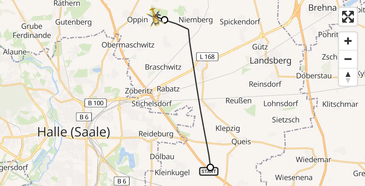 Flugroute Rettungshubschrauber Kabelsketal - Halle-Oppin Flugplatz, 10 Mai 2026, 18:51
