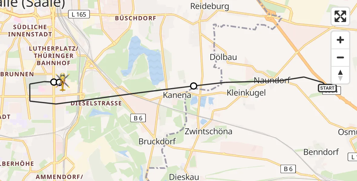 Flugroute Rettungshubschrauber Kabelsketal - BG Hospital Bergmannstrost Halle, 10 Mai 2026, 18:56