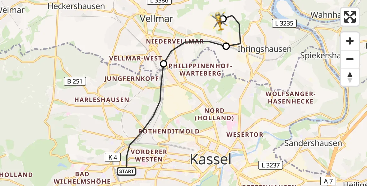 Flugroute Rettungshubschrauber Kassel - Fuldatal Bundespolizei Hubschrauberlandeplatz, 10 Mai 2026, 18:59