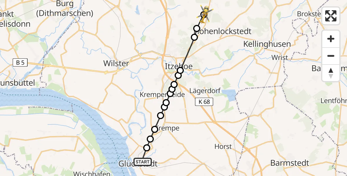 Flugroute Rettungshubschrauber Glückstadt - Itzehoe Hungriger Wolf Flugplatz, 10 Mai 2026, 19:02