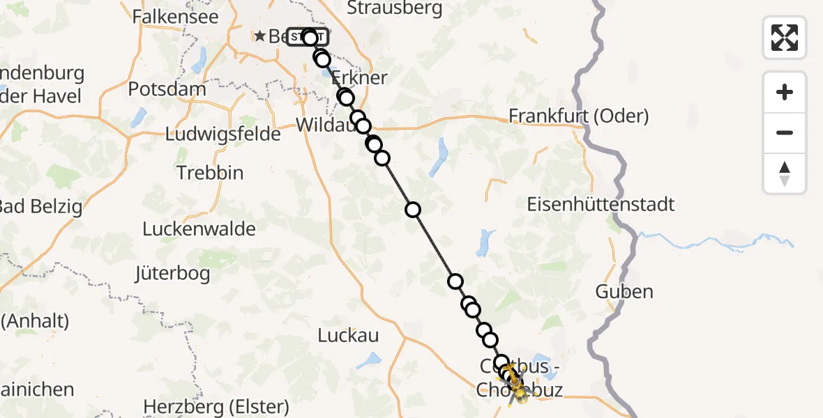 Flugroute Ambulanzhubschrauber Berlin Emergency Hospital - Carl Thien Hospital Cottbus, 10 Mai 2026, 19:06